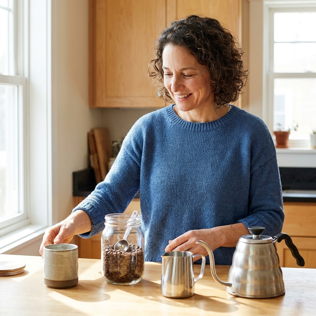 A simple home coffee setup with a mug, a jar of coffee beans, a small milk pitcher, and a kettle arranged neatly on a bright kitchen counter