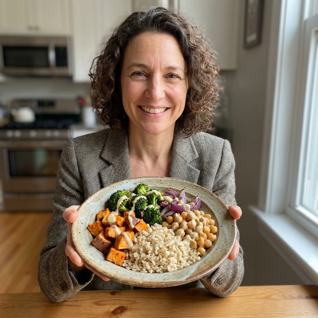 A simple homemade grain bowl with rice, roasted vegetables, and a drizzle of sauce on a ceramic plate.