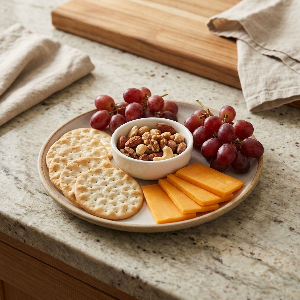 A simple snack plate with crackers, sliced cheese, grapes, and a small bowl of nuts on a clean kitchen counter