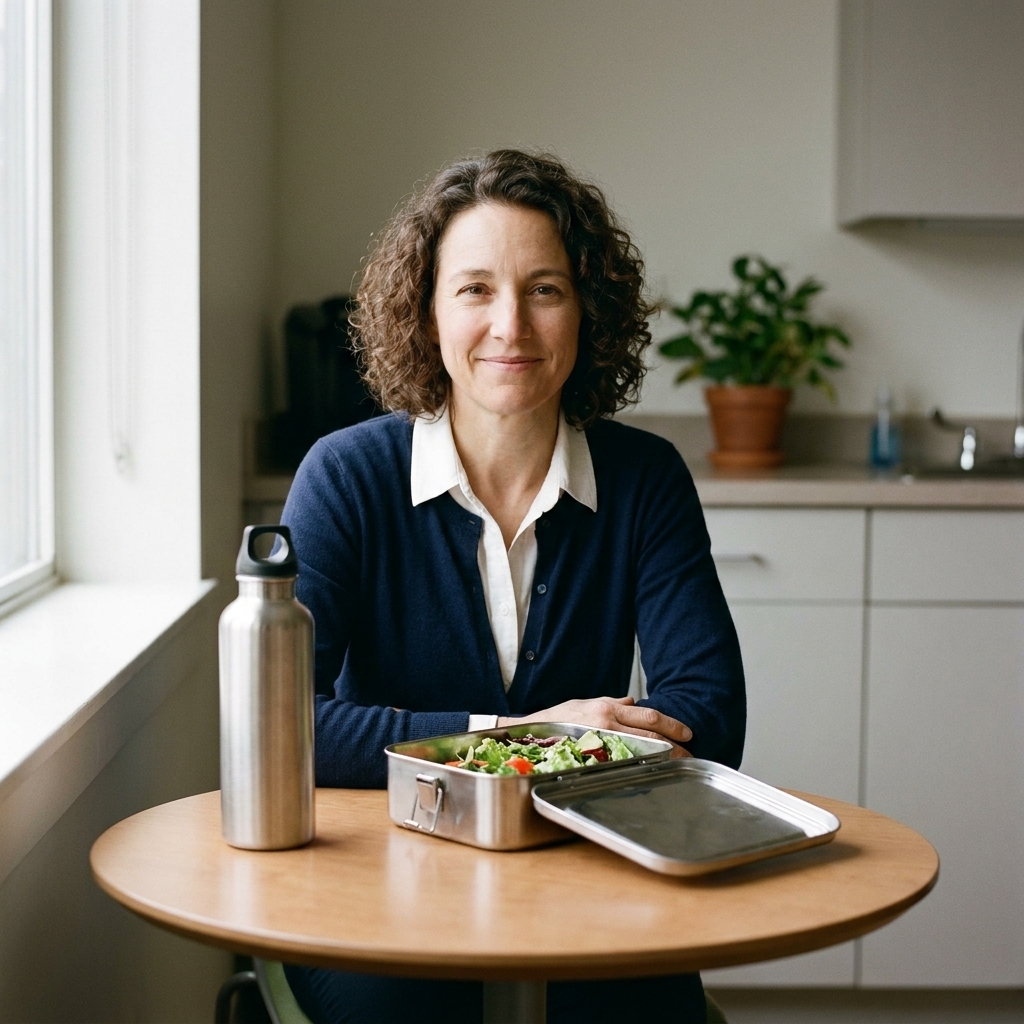 A simple workplace break area with a small table, a lunch container, and a reusable water bottle, set up for a calm mid-day meal