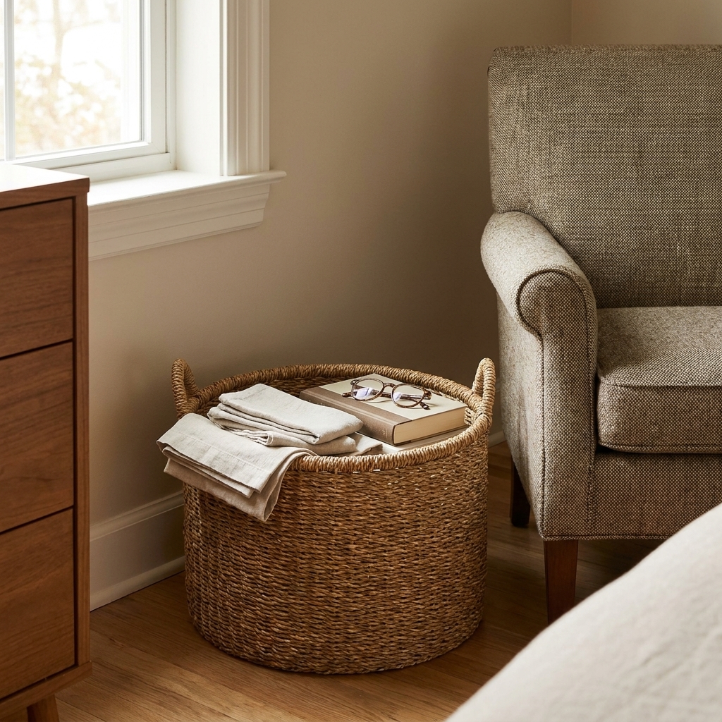 A simple woven basket in the corner of a bedroom beside a chair, used for neatly collecting stray items