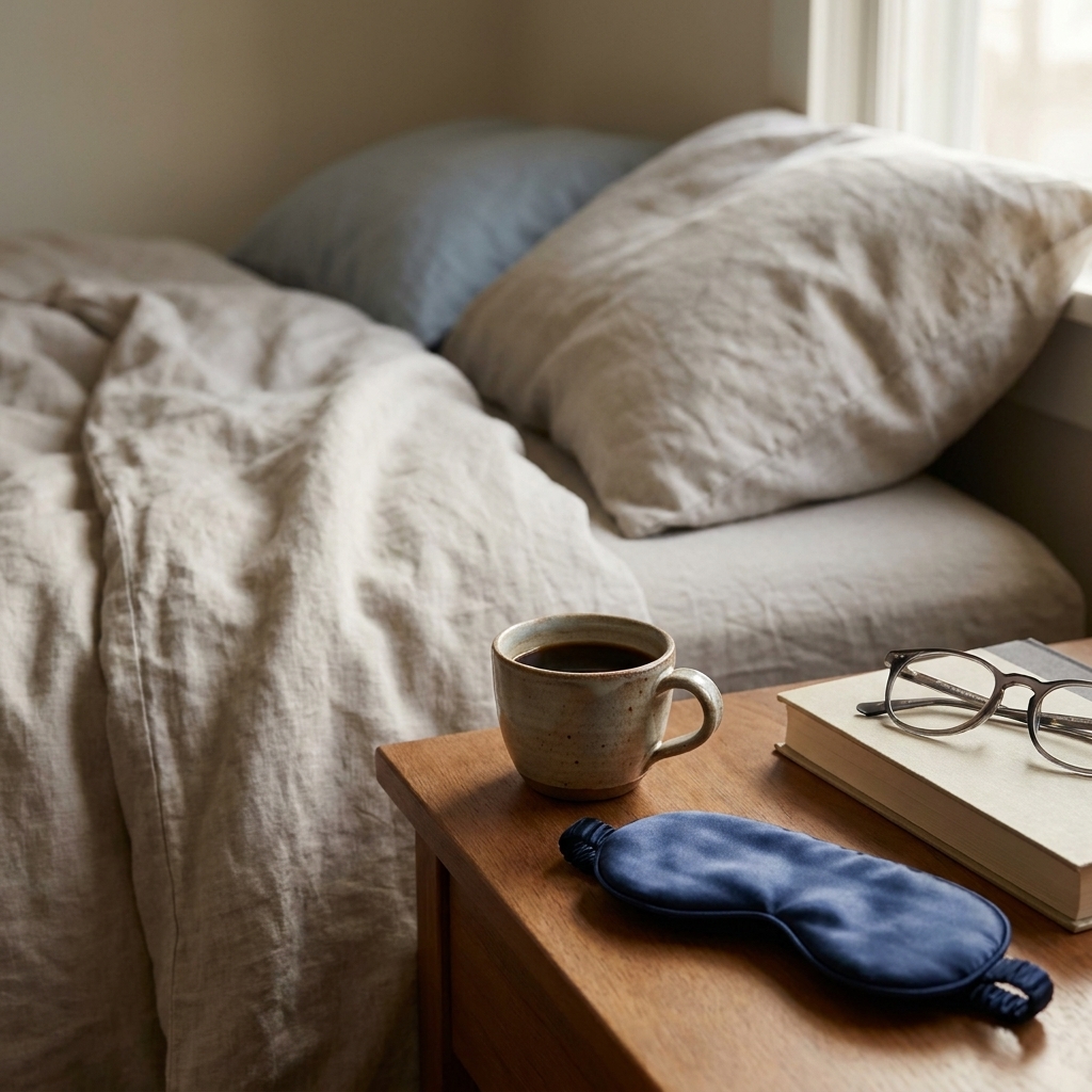 A small cup of coffee on a bedside table next to a sleep mask in a quiet room