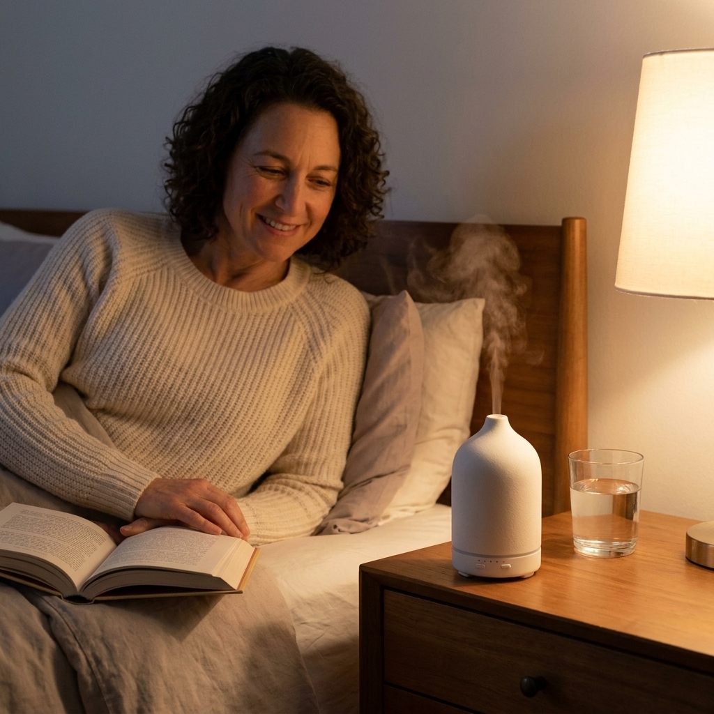 A small essential oil diffuser releasing a soft mist on a bedside table next to a book and a glass of water