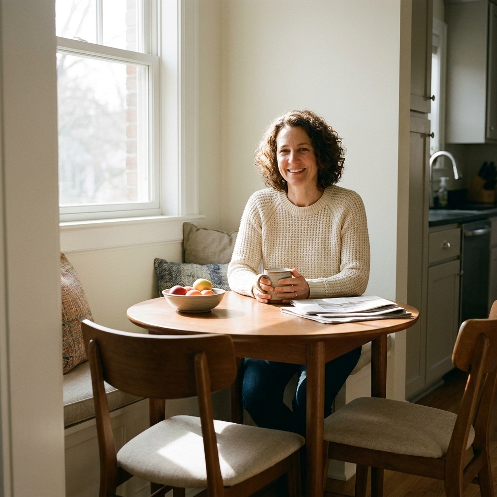 A small kitchen breakfast nook with a compact table for two, comfortable chairs, and natural light coming through a nearby window