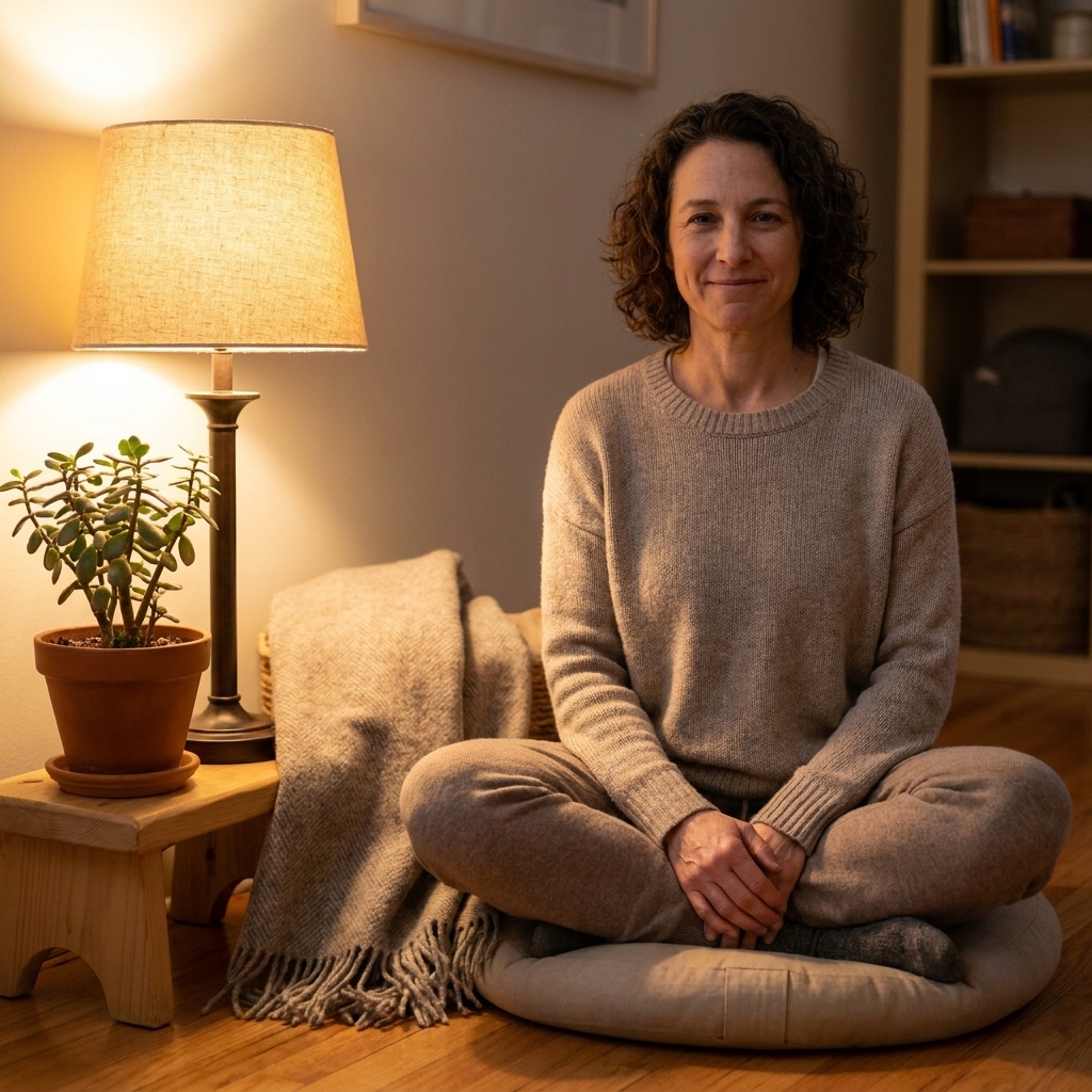 A small meditation corner lit by a warm table lamp, with a cushion on the floor, a throw blanket, and a simple plant in a clay pot