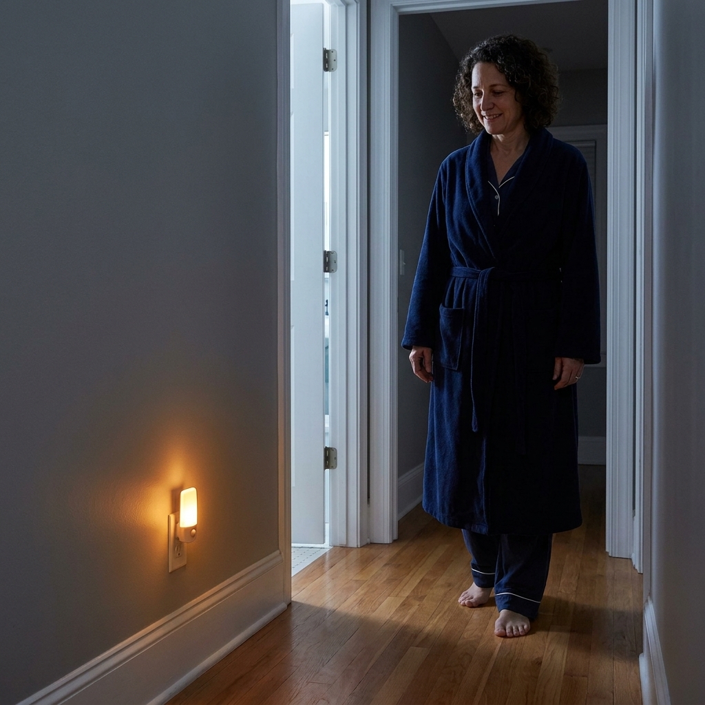A small motion-activated night light glowing near the baseboard in a dark hallway leading toward a bathroom