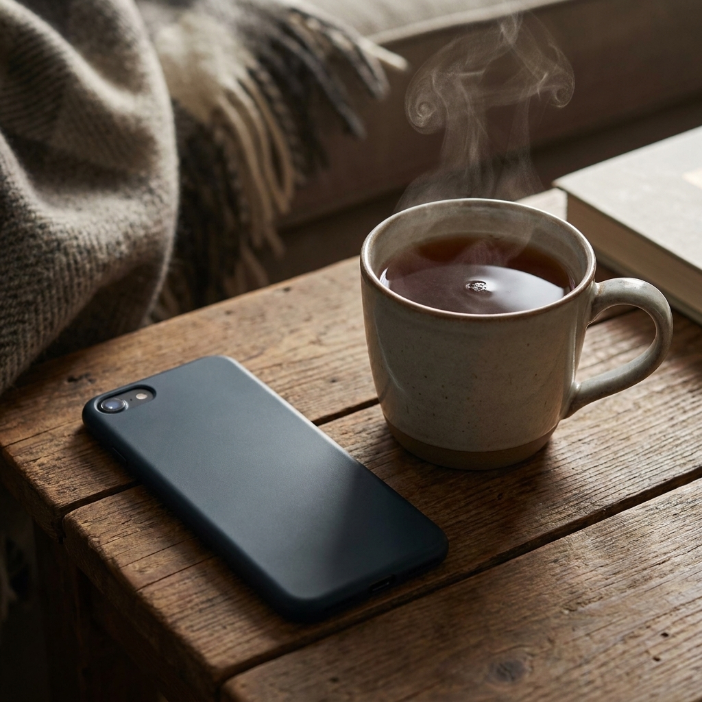 A smartphone placed face down on a table beside a mug of tea, suggesting a quiet, unplugged moment