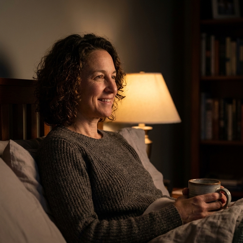 A softly lit bedroom with warm lamp light and dim surroundings, creating a calm nighttime setting
