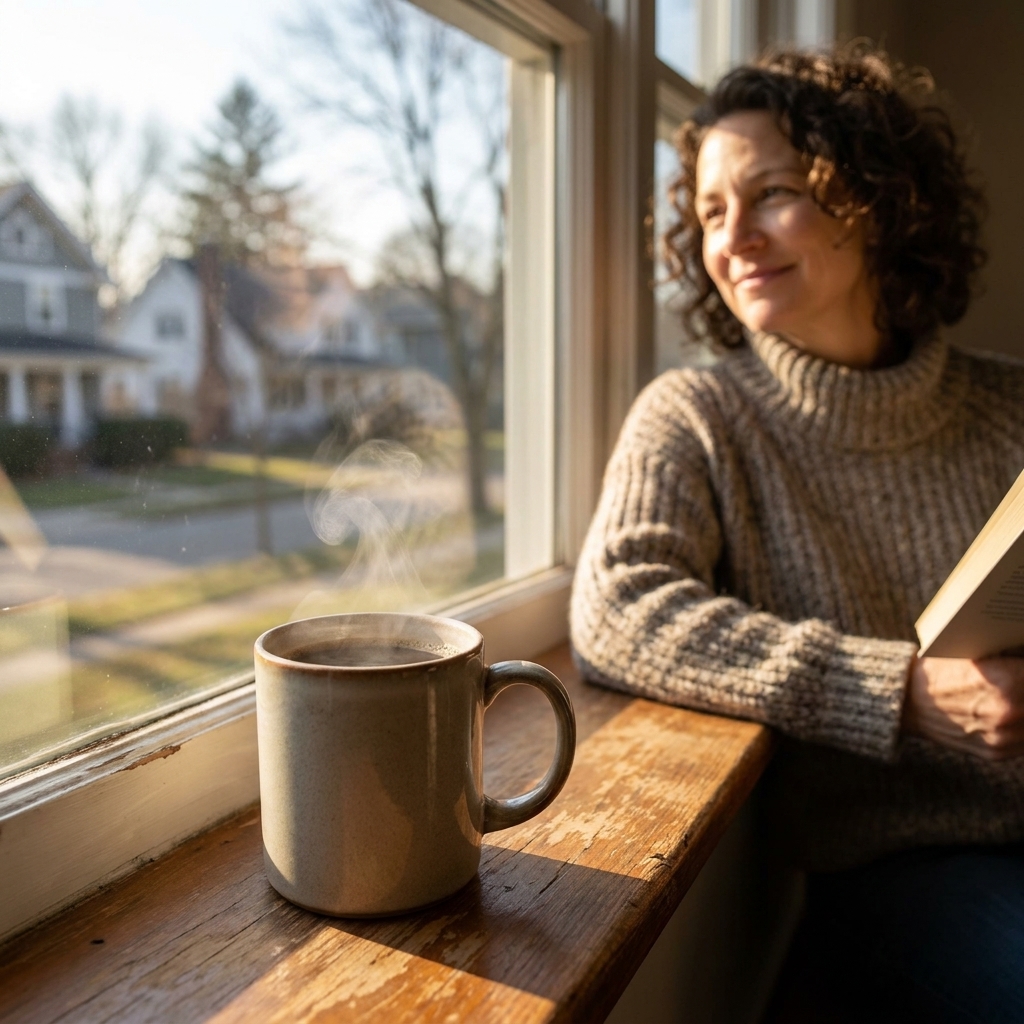 A steaming cup of coffee resting on a windowsill with early morning sunlight streaming in and a quiet neighborhood visible outside