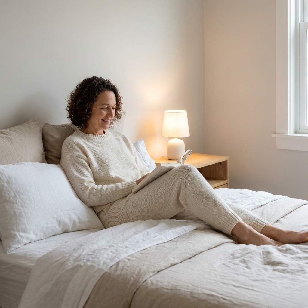 A tidy bedroom with a minimal nightstand, a warm lamp, and neatly arranged bedding, creating a peaceful sleep environment