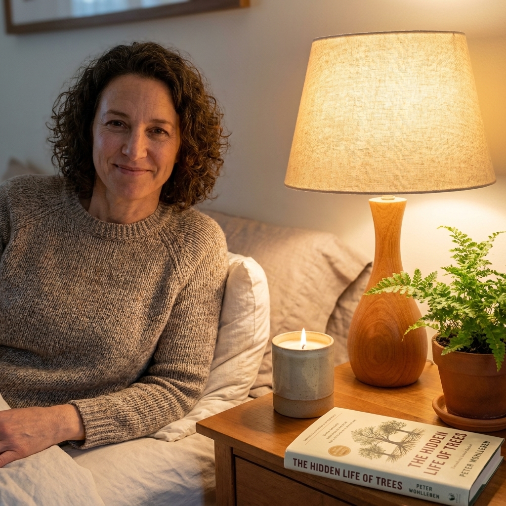 A tidy bedside table with a warm lamp, a candle, a small plant, and a book.