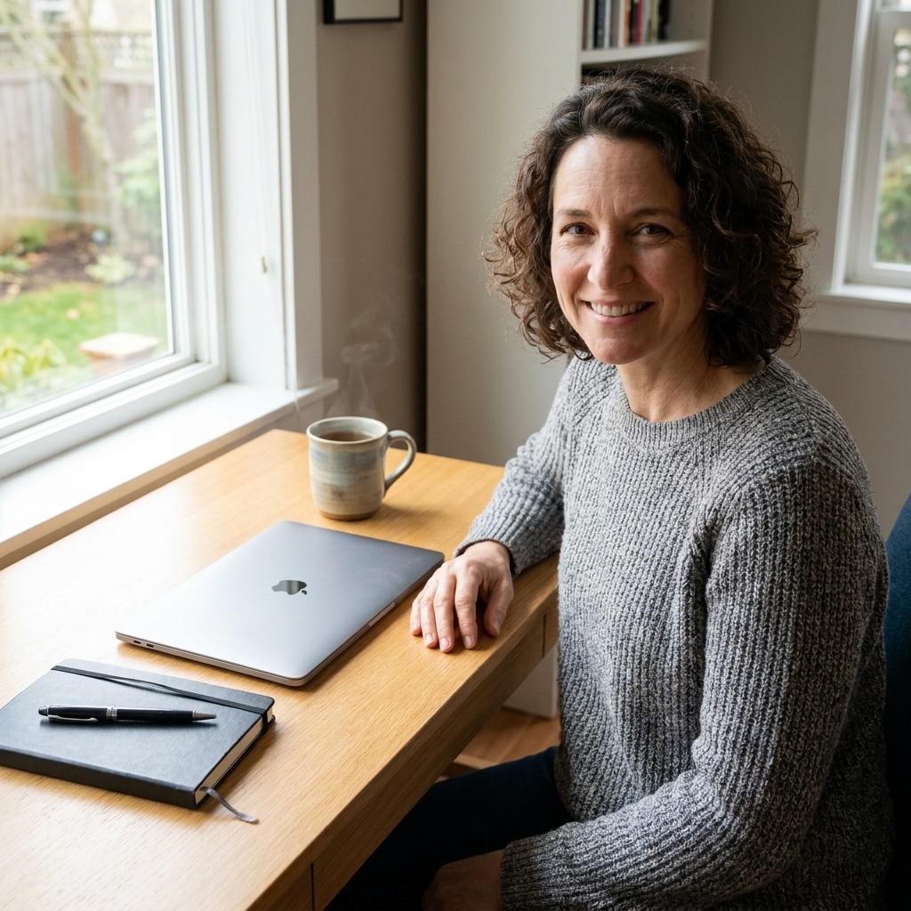 A tidy home office desk with a closed laptop, a notebook, and a cup of tea by a window.