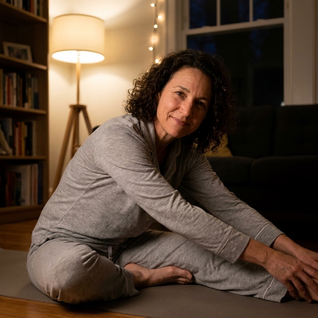 A woman in comfortable pajamas doing gentle stretching on a yoga mat in a softly lit living room during the evening