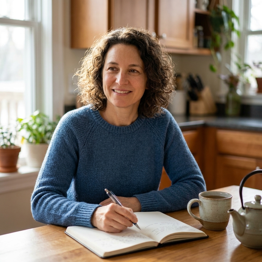 A woman sitting at a kitchen table with a notebook and tea, pausing to journal in soft morning light