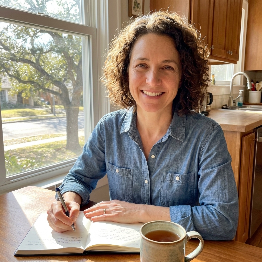A woman sitting at a sunlit kitchen table in Austin, Texas, with a notebook and a mug of tea, smiling warmly