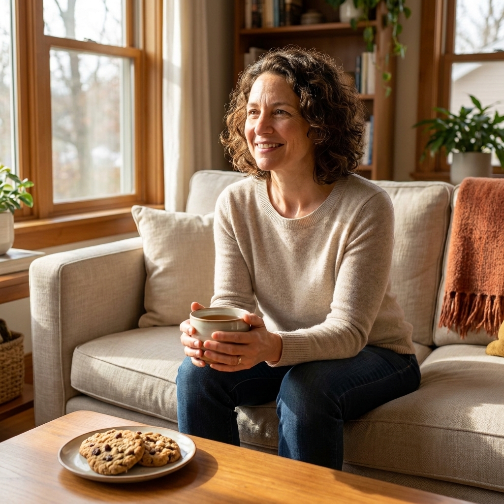 A woman sitting on a sofa in a sunlit living room, holding a cup of tea with a small plate of cookies on the coffee table