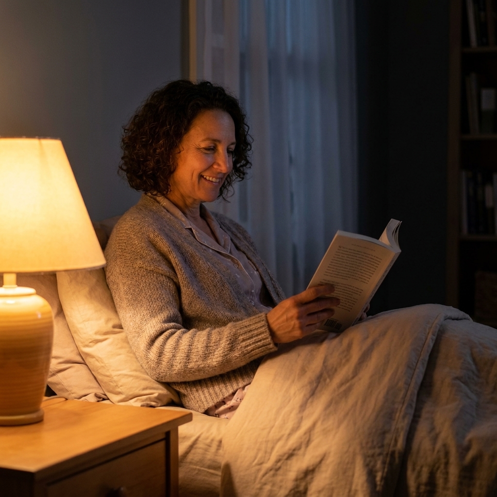 A woman sitting up in bed reading a book under a warm bedside lamp, with a calm, sleepy nighttime atmosphere