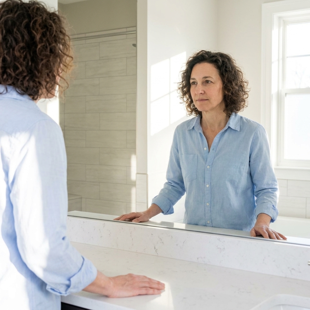 A woman standing in a bright bathroom, looking into a mirror with a calm expression, hands resting on the counter as if taking a steady breath in the morning