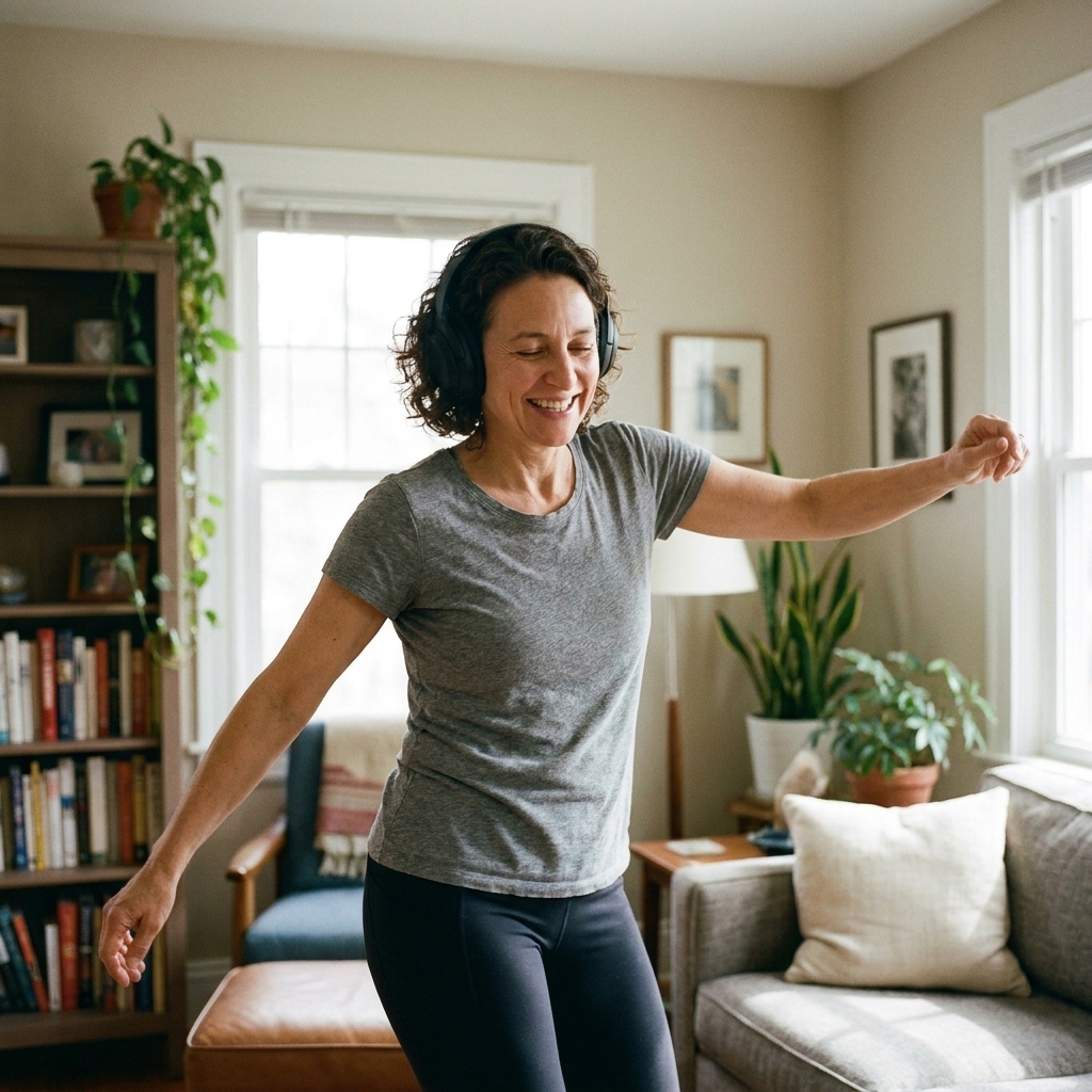 A woman wearing headphones dances in her living room with a relaxed smile, mid-movement in natural indoor light