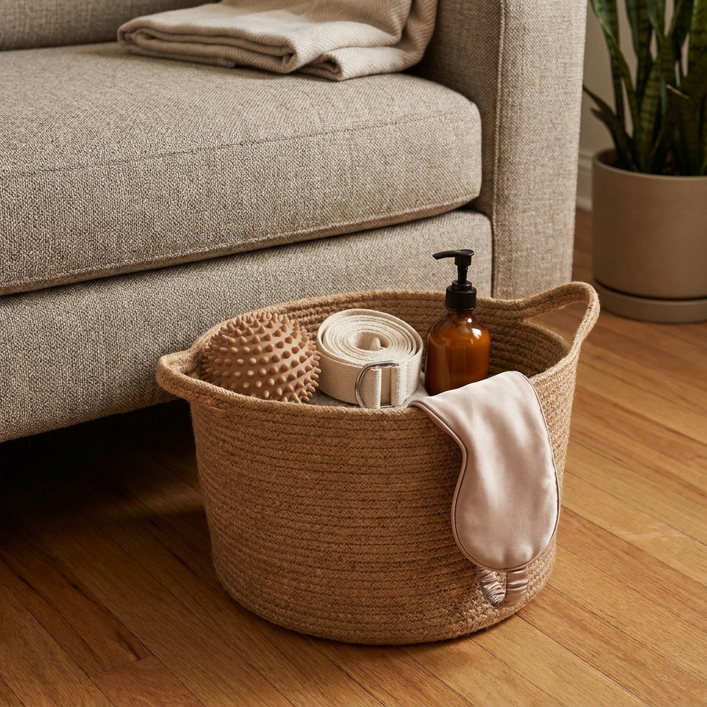 A woven basket on the floor beside a sofa holding a massage ball, a yoga strap, a small lotion bottle, and a sleep mask