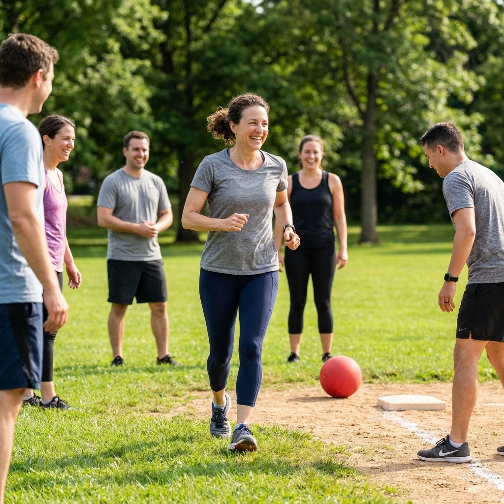 Adults playing a casual kickball game in a park, with one person jogging between bases while others smile and watch from the field.