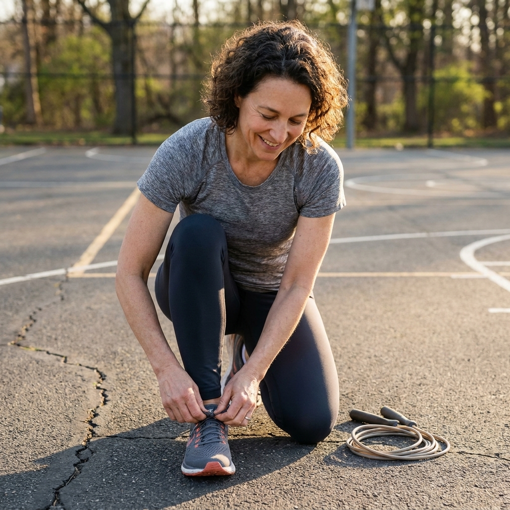 An adult tying their sneakers next to a jump rope on an outdoor court before starting a workout.