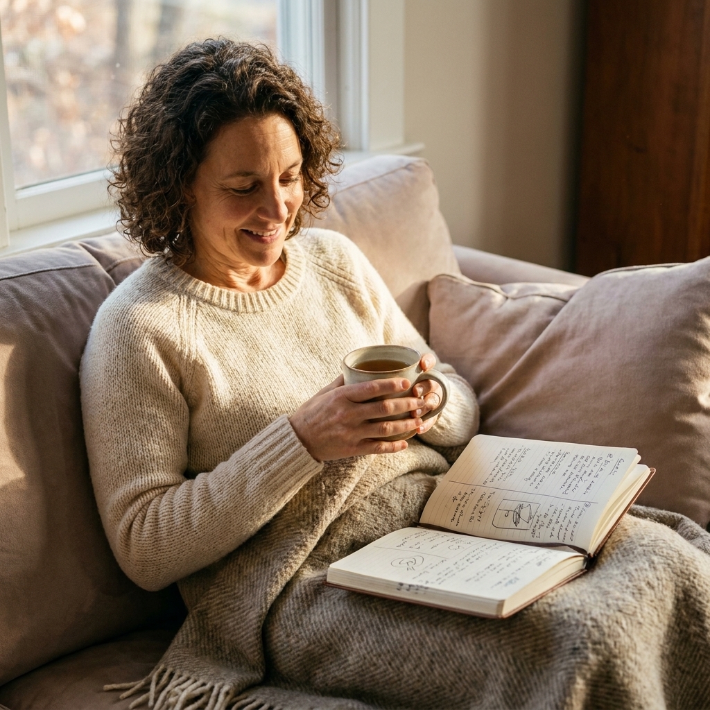 An open journal beside a cup of tea on a couch with a soft blanket in warm natural light
