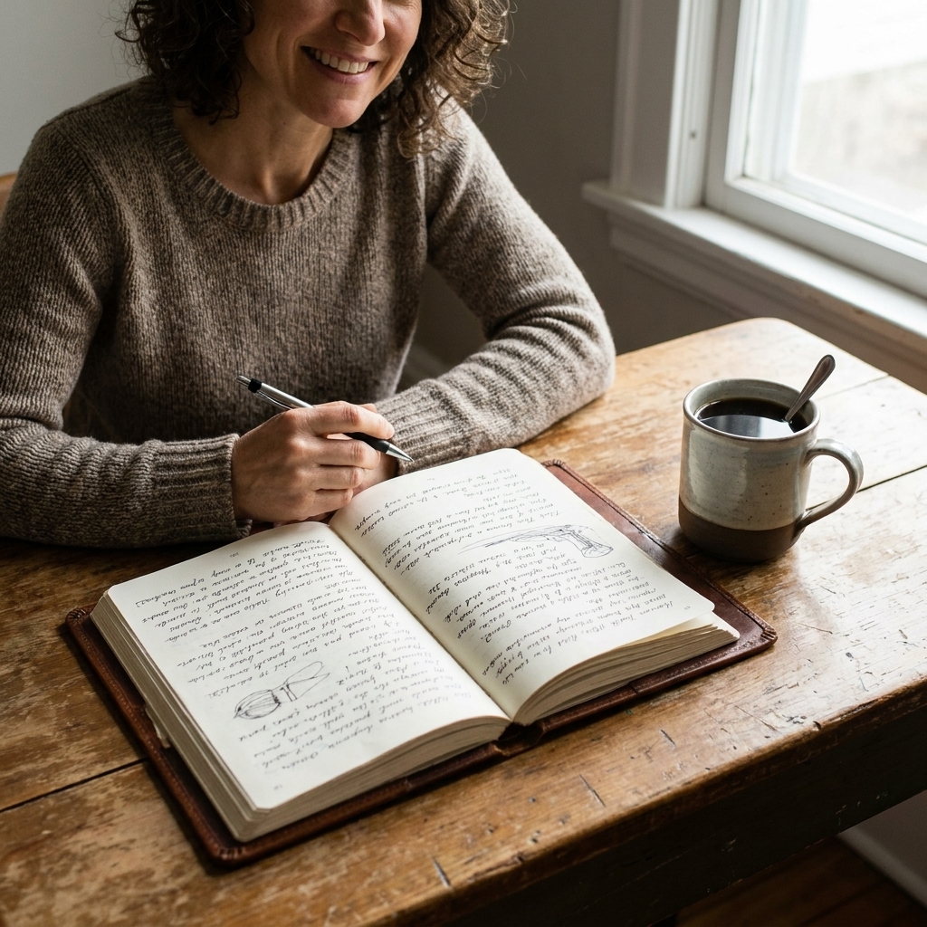 An open journal with handwritten notes beside a cup of coffee on a wooden table in morning light.