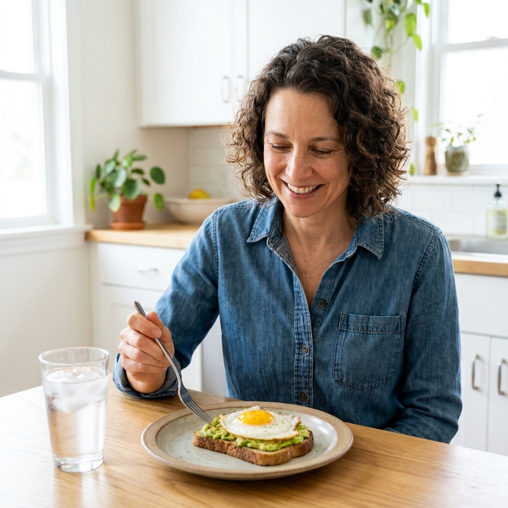 Avocado toast topped with a fried egg on a ceramic plate beside a glass of water in a bright kitchen
