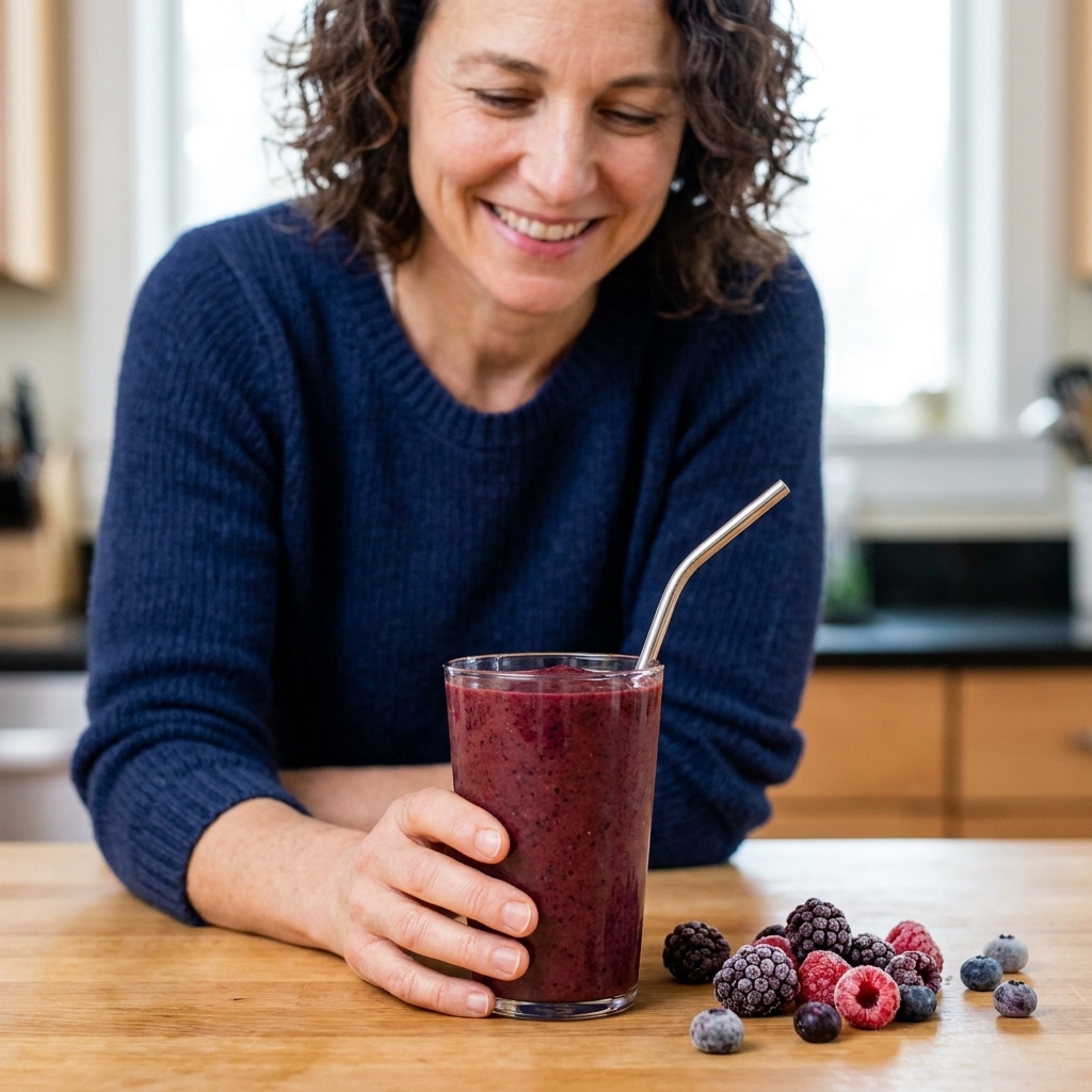 Berry smoothie in a glass on a countertop with a few frozen berries scattered nearby