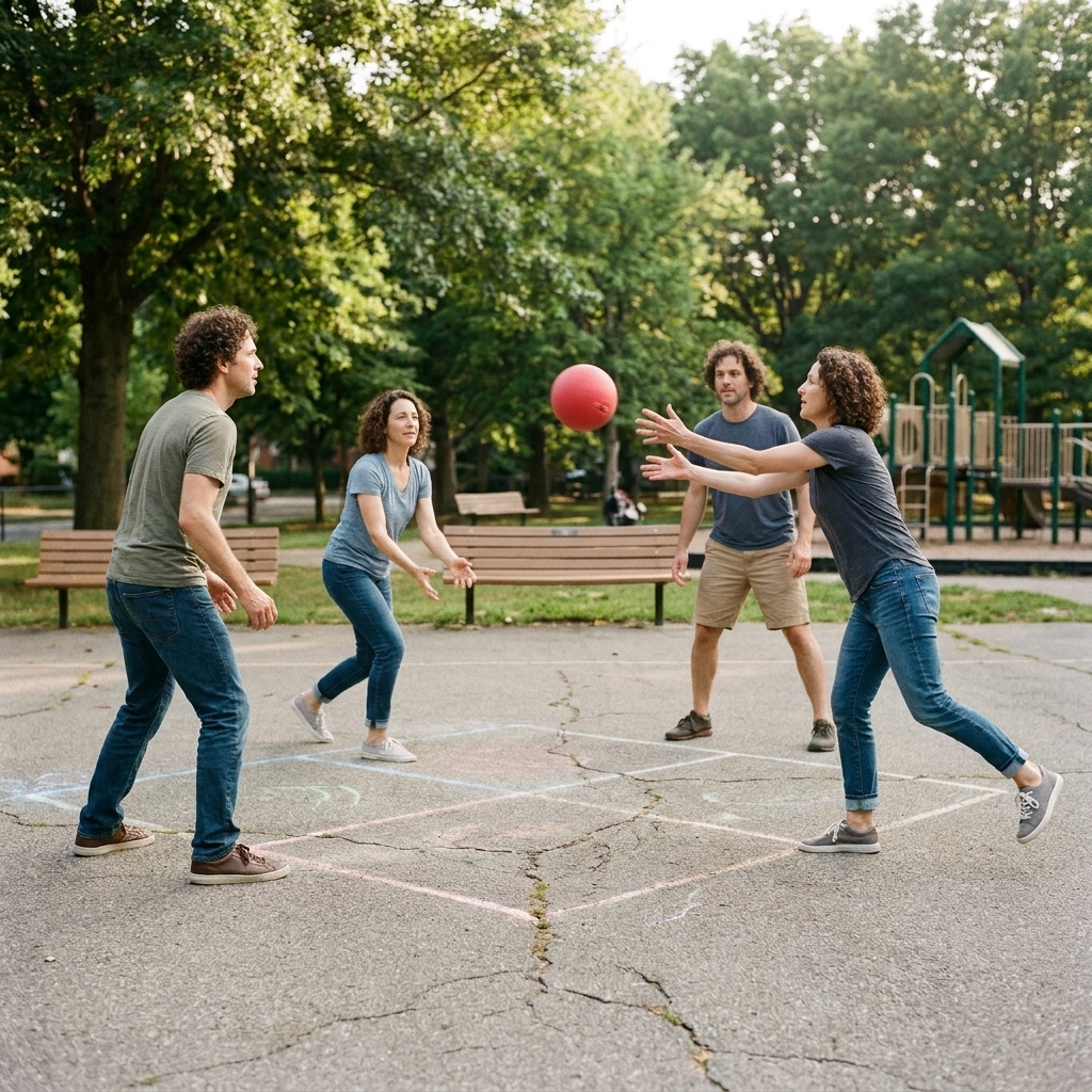 Four adults playing foursquare on a chalked court at a park, with a playground ball mid-throw as they move between squares.