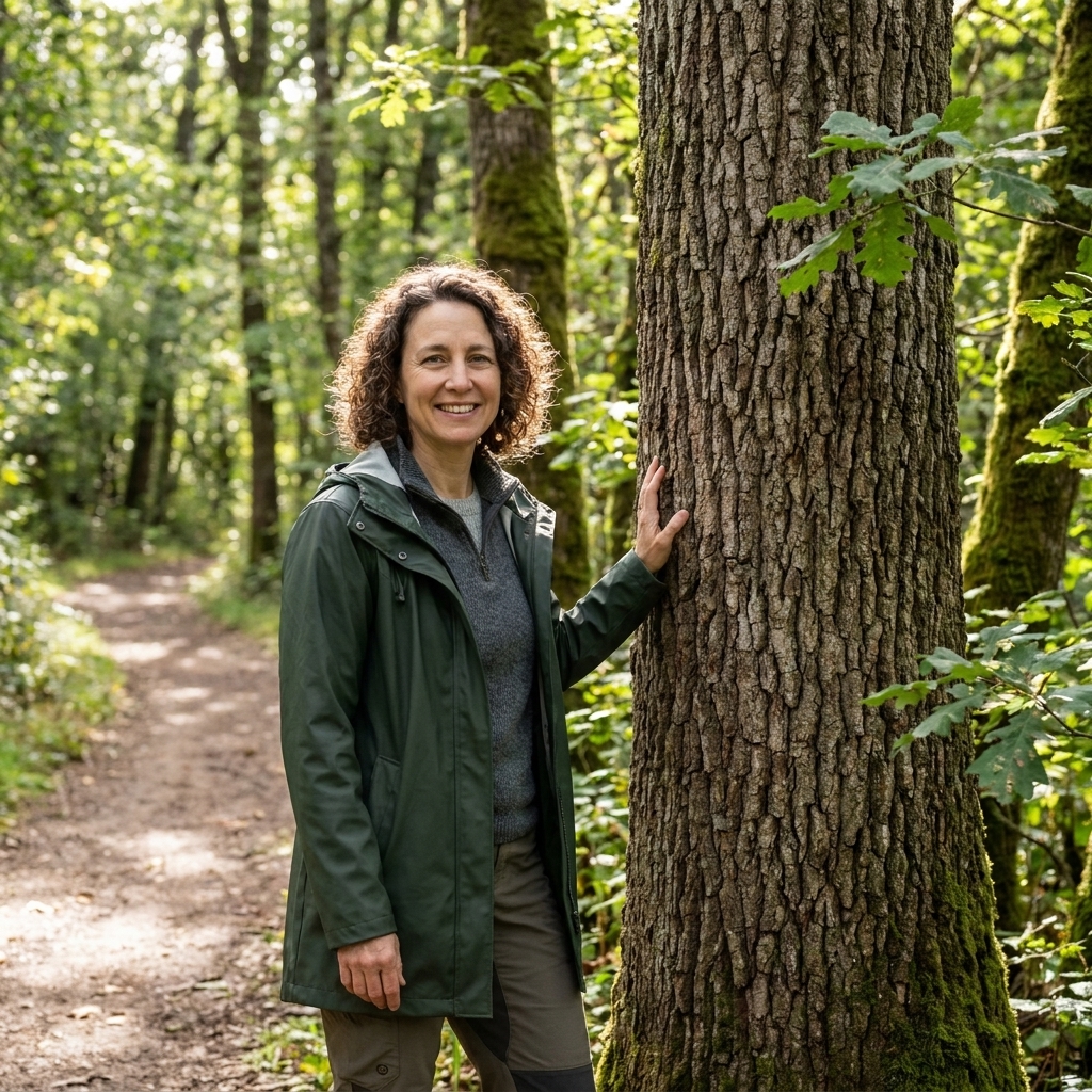 Green leaves and textured tree bark beside a forest walking path with soft light