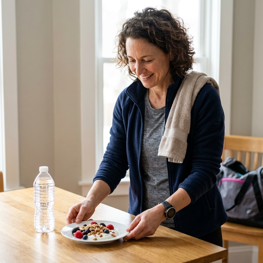 Person setting a small plate with fruit and yogurt on a kitchen table next to a water bottle after a workout